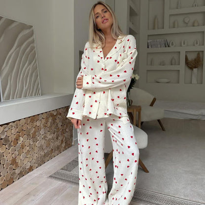 Cotton Red Heart Print Pajama Set - Apricot - XL - image 0
