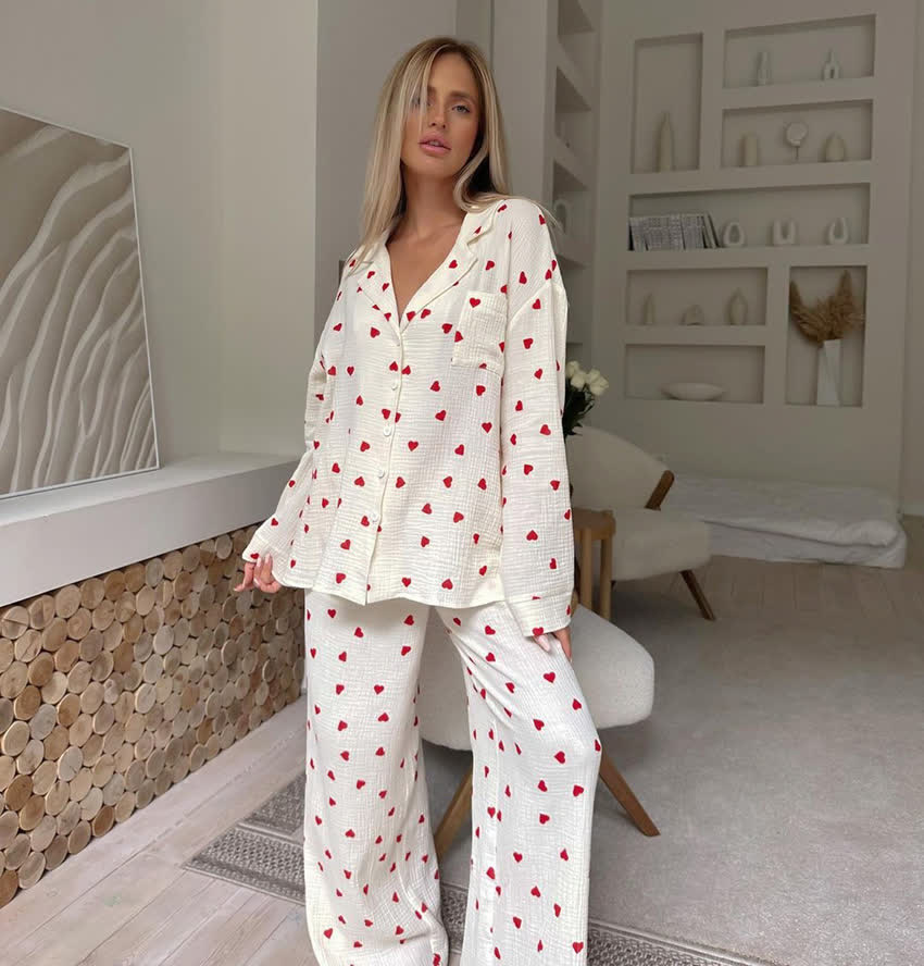 Cotton Red Heart Print Pajama Set - image 2