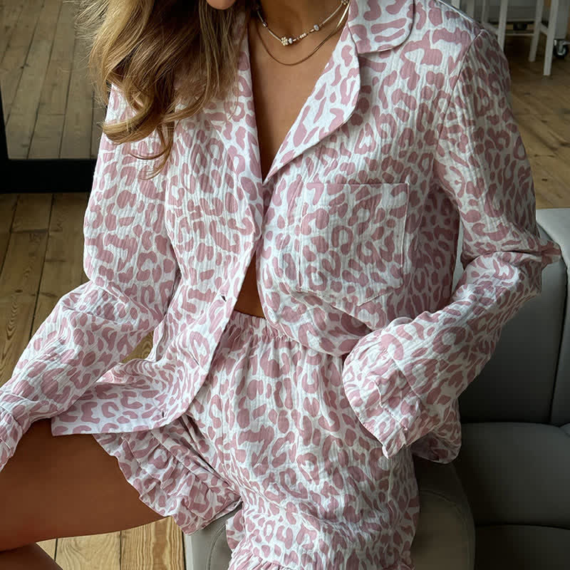 Cotton Leopard Print Ruffle Pajama Set - image 4