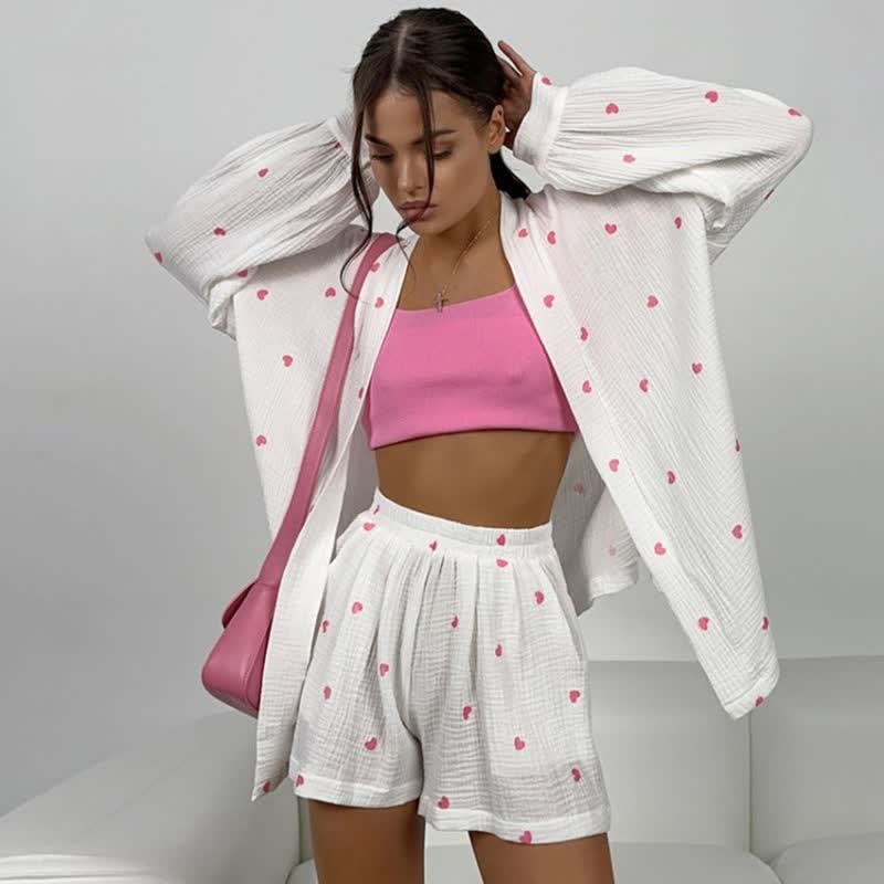 Cotton Heart Print Wrap Pajama Set - Pink - L - image 0