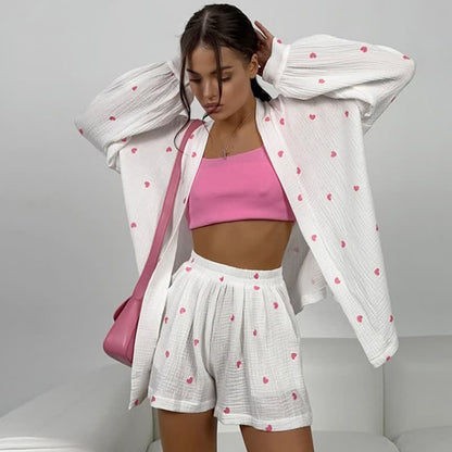 Cotton Heart Print Wrap Pajama Set - Pink - L - image 0