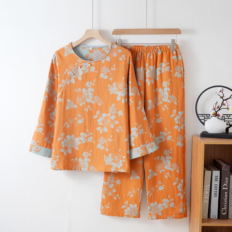 Vintage Asian Inspired Floral Cotton Pajamas - Orange - XXL - image 0