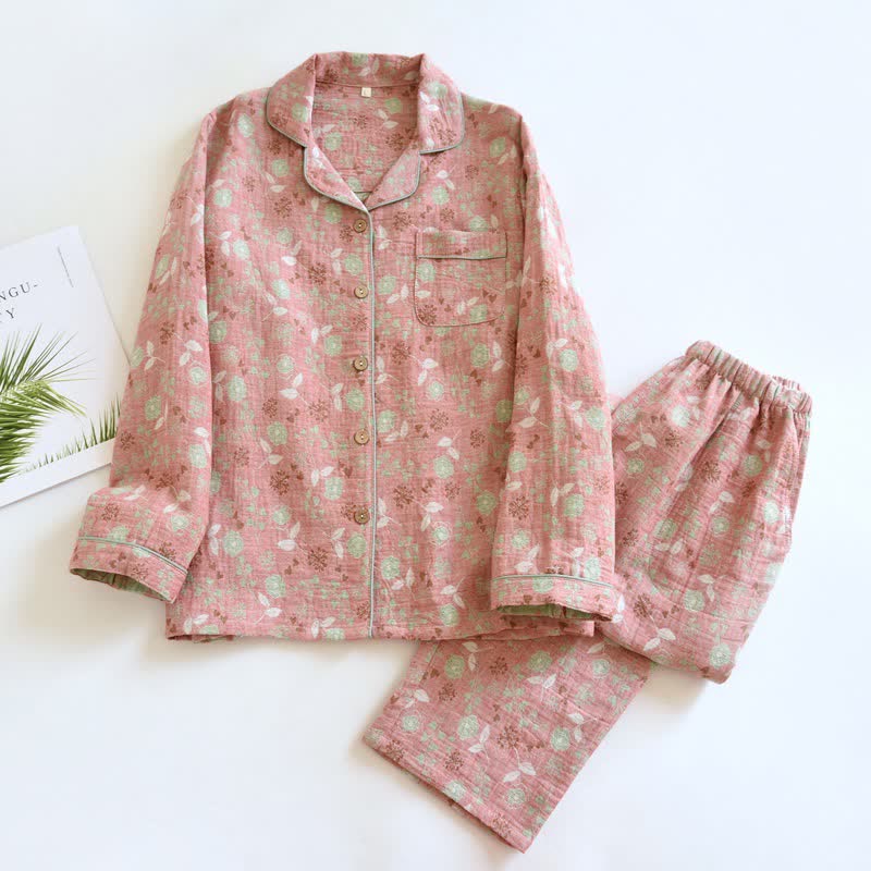 Vintage-Inspired Rose Jacquard Cotton Pajama Set - Pink - XL - image 3