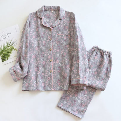 Vintage-Inspired Rose Jacquard Cotton Pajama Set - Gray - XL - image 20