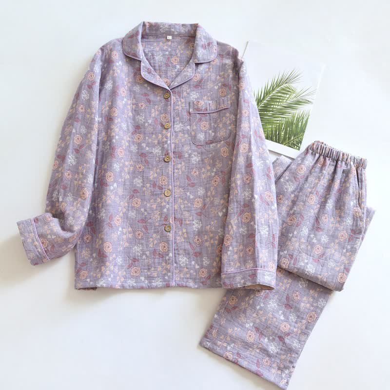 Vintage-Inspired Rose Jacquard Cotton Pajama Set - Purple - XL - image 16