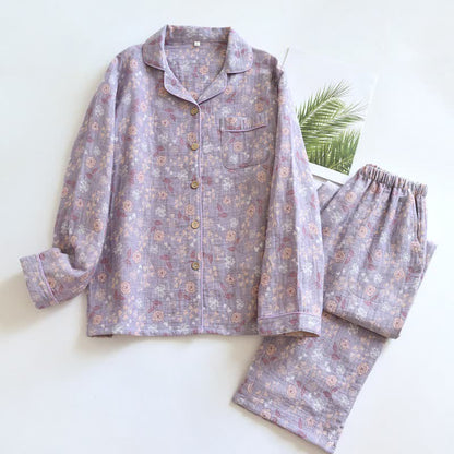 Vintage-Inspired Rose Jacquard Cotton Pajama Set - Purple - XL - image 16