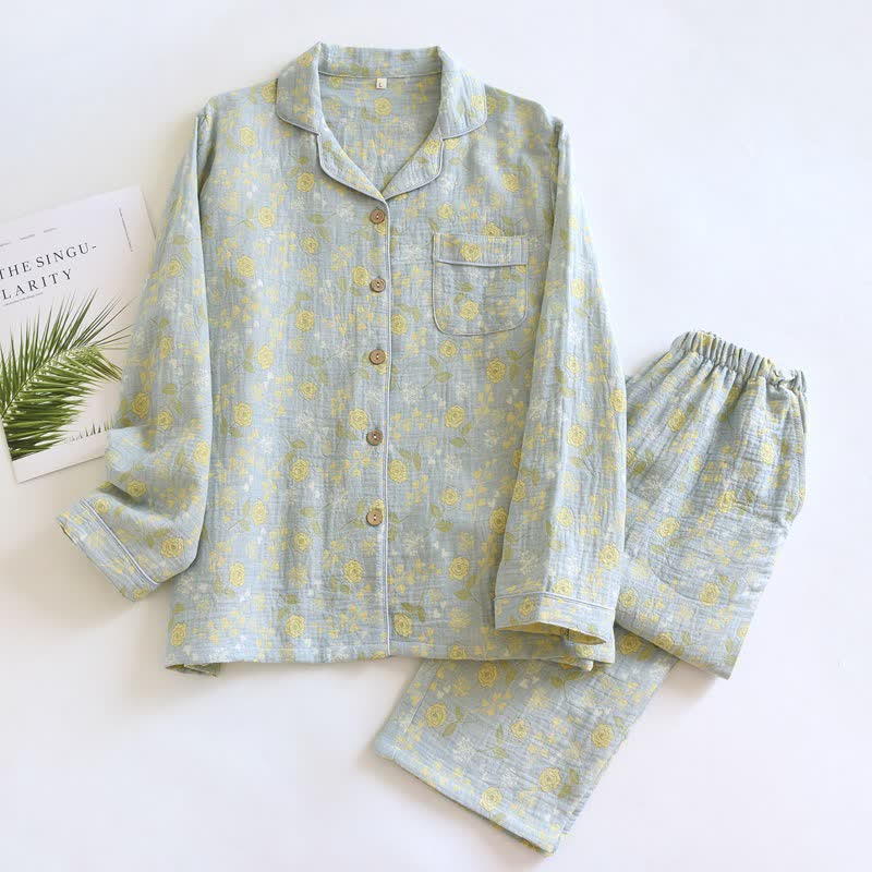 Vintage-Inspired Rose Jacquard Cotton Pajama Set - Green - XL - image 18