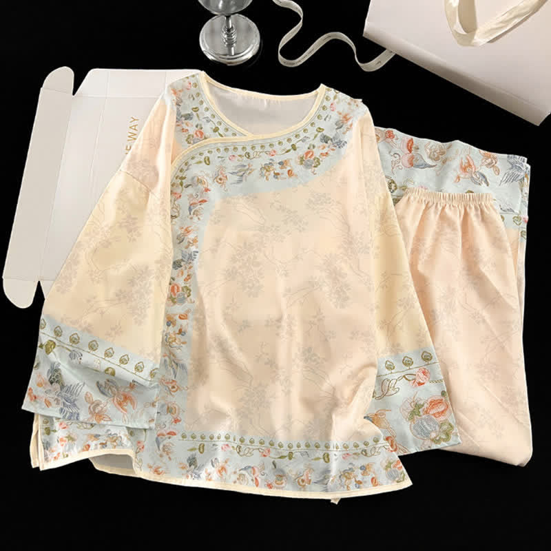 Vintage Hanfu-Inspired Floral Pajama Set - Apricot - XL - image 0