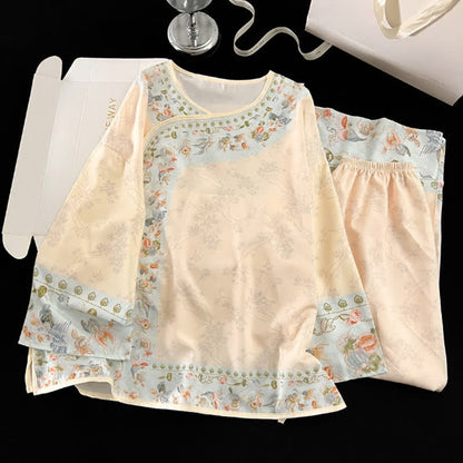Vintage Hanfu-Inspired Floral Pajama Set - Apricot - XL - image 0
