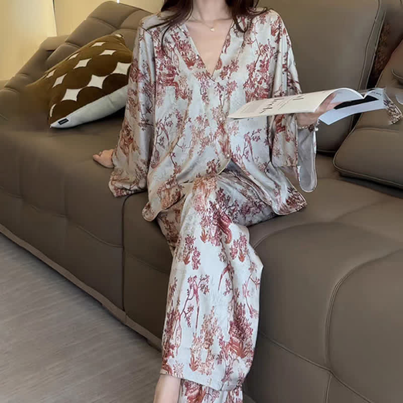 Vintage-Inspired Botanical Print Pajama Set - Grey - XL - image 0