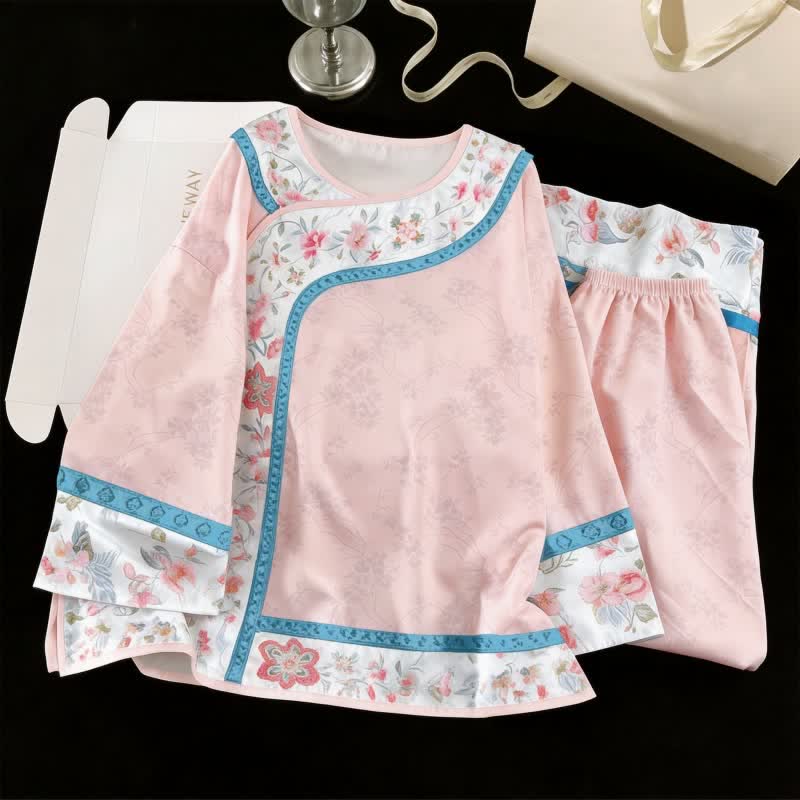 Retro Hanfu-Inspired Floral Pajama Set - Pink - XL - image 2