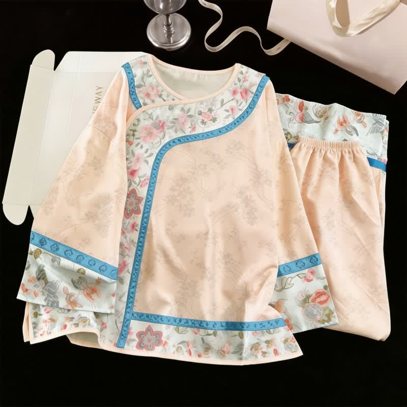 Retro Hanfu-Inspired Floral Pajama Set - Apricot - XL - image 0