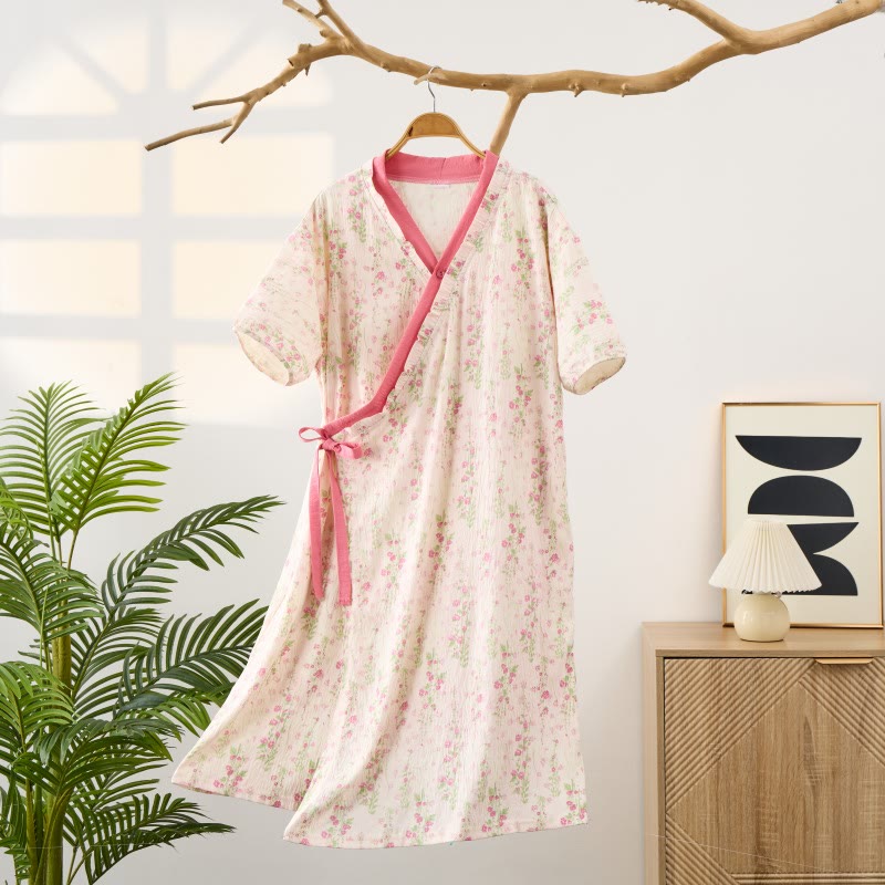 Elegant Floral Print Tie-Back Nightgown with Pocket - image 2