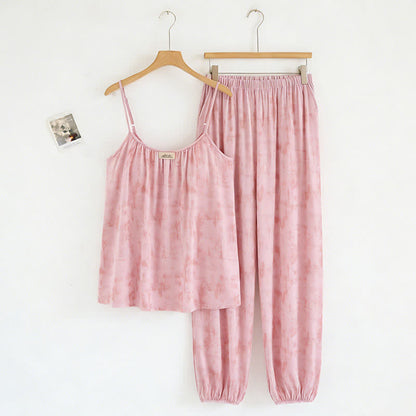 Artistic Watercolor-Inspired Cotton Camisole & Pants Sleepwear - Pink - XXL - image 1