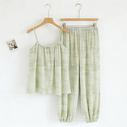 Artistic Watercolor-Inspired Cotton Camisole & Pants Sleepwear - Green - XXL - image 11