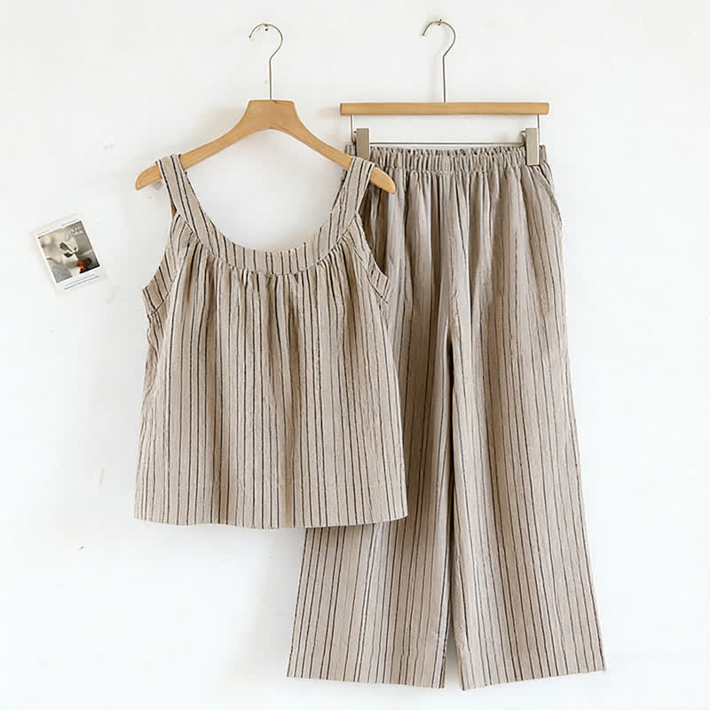Minimalist Striped Cotton Sleeveless Pajama Set - Brown - XL - image 6