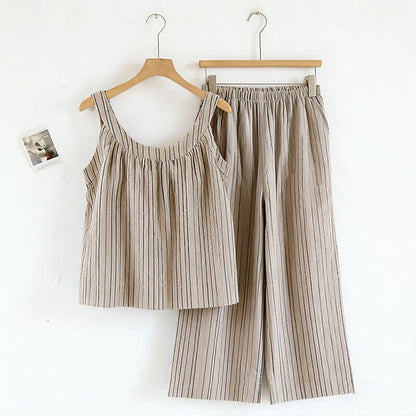 Minimalist Striped Cotton Sleeveless Pajama Set - Brown - XL - image 6