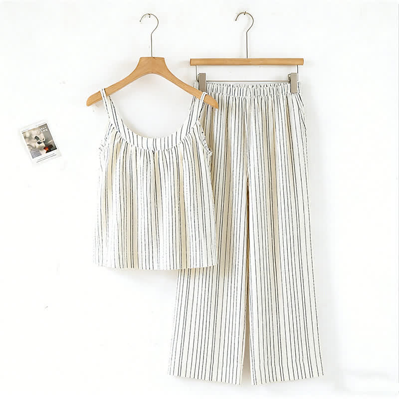 Minimalist Striped Cotton Sleeveless Pajama Set - Beige - XL - image 10