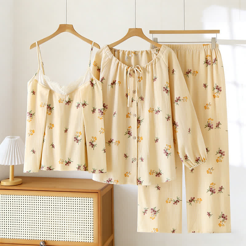 Loquat Print Cotton Pajama Set(3PCS) - Apricot - XL - image 0