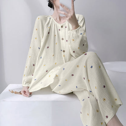 Ownkoti Ditsy Floral Double Gauze Cotton Loungewear Set - Beige - XXL - image 0