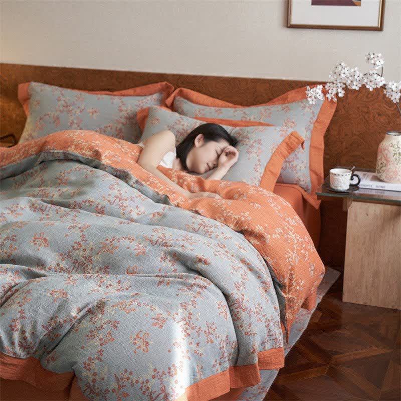 Floral & Bow Cotton Double Gauze Bedding Set(4PCS) - image 3