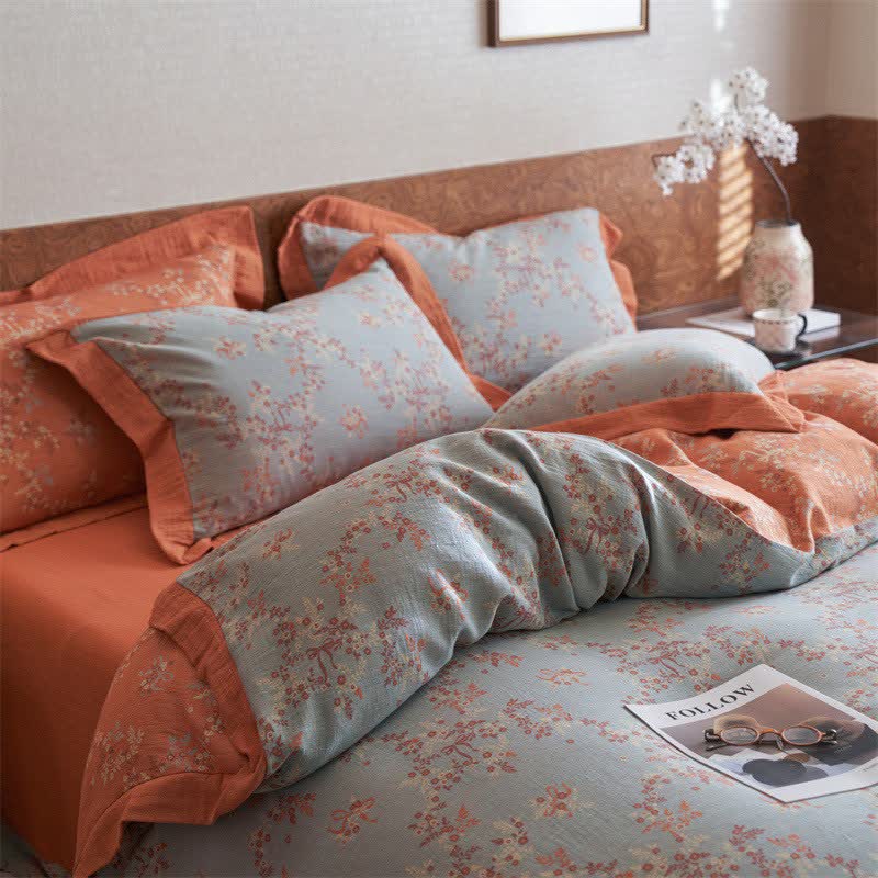 Floral & Bow Cotton Double Gauze Bedding Set(4PCS) - King - image 0