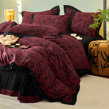 Artistic Floral Cotton Double Gauze Bedding(4PCS) - Red - King - image 10