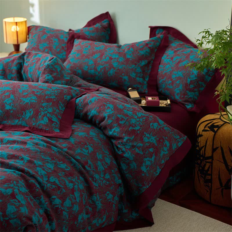 Artistic Floral Cotton Double Gauze Bedding(4PCS) - Blue - King - image 0