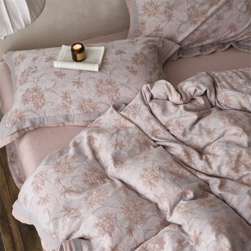 Elegant Floral Cotton Double Gauze Bedding(4PCS) - Pink - King - image 15