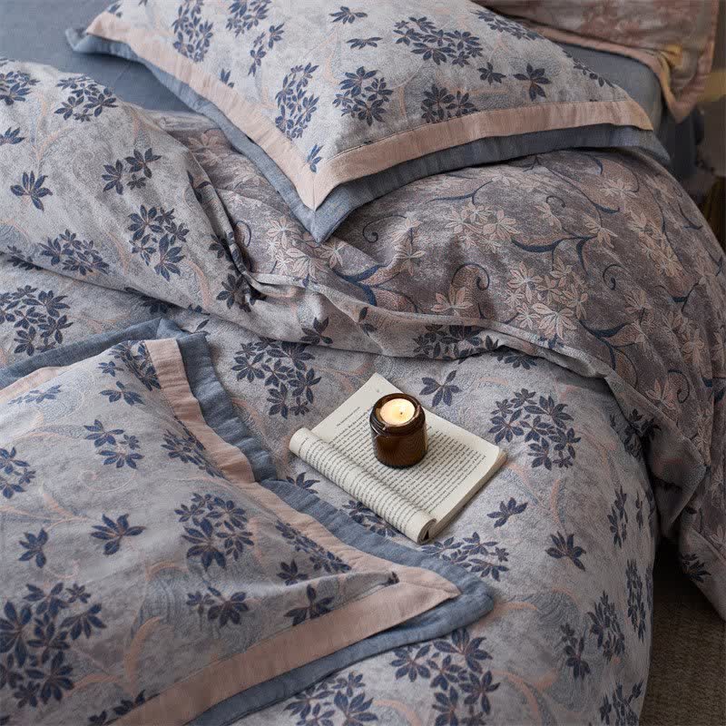 Elegant Floral Cotton Double Gauze Bedding(4PCS) - Blue - King - image 0