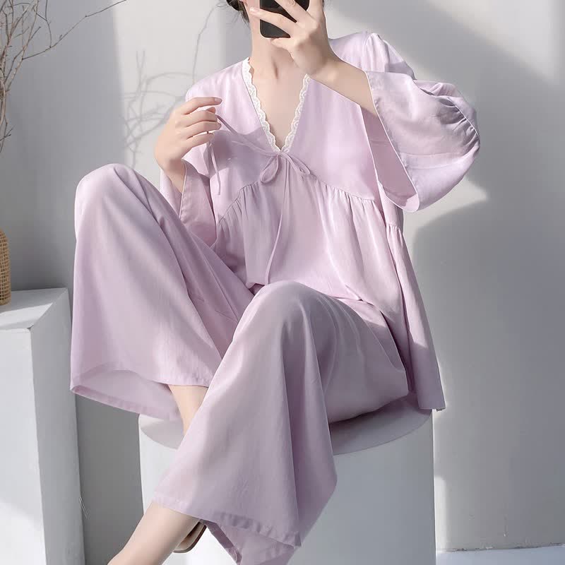 Solid V-Neck Lace Trim Pajama Set - Purple - XXL - image 0