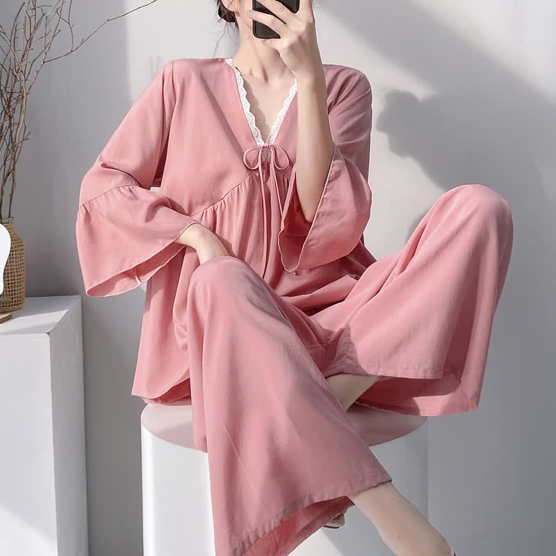 Solid V-Neck Lace Trim Pajama Set - Pink - XXL - image 16