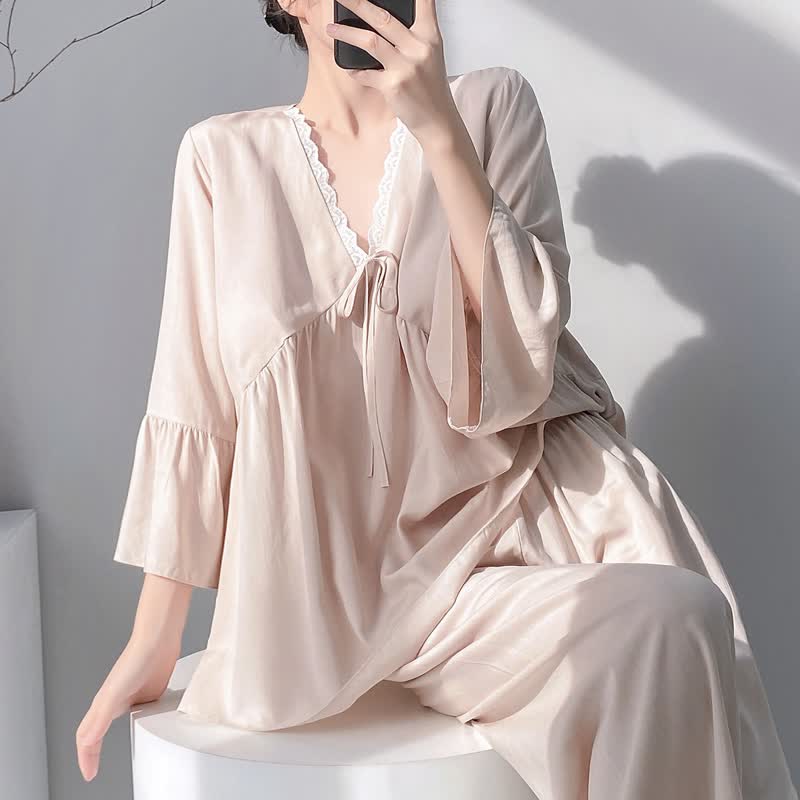 Solid V-Neck Lace Trim Pajama Set - image 13