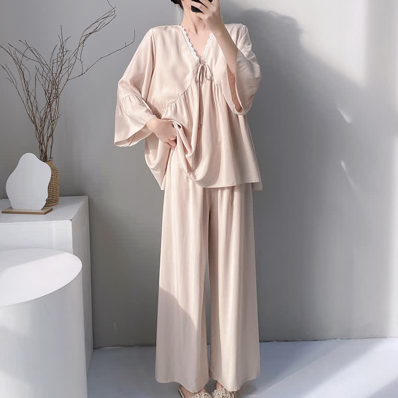 Solid V-Neck Lace Trim Pajama Set - image 14