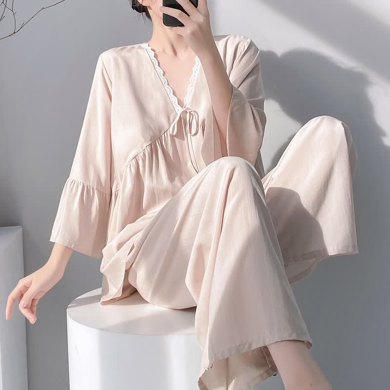 Solid V-Neck Lace Trim Pajama Set - Beige - XXL - image 12
