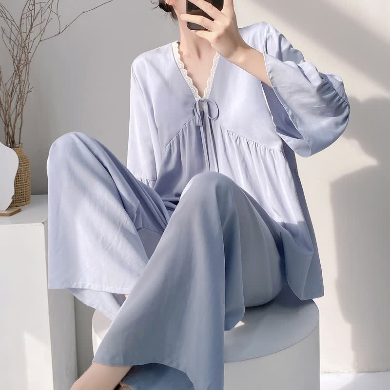 Solid V-Neck Lace Trim Pajama Set - Blue - XXL - image 6