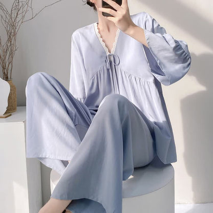 Solid V-Neck Lace Trim Pajama Set - Blue - XXL - image 6