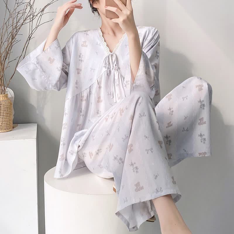 Floral & Bow V-Neck Lace Trim Pajama Set - Gray - XXL - image 0