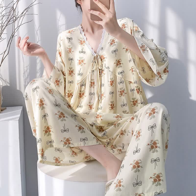 Rustic Floral & Bow Lace Trim Pajamas - Beige - XXL - image 0