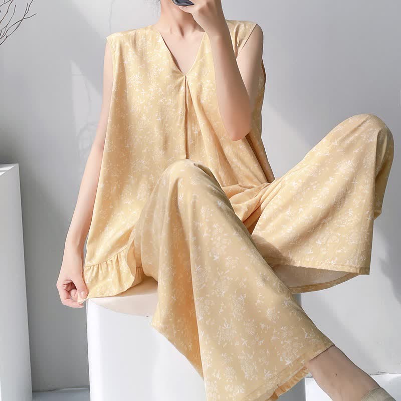 Yellow Floral Leaf Tank & Pants Pajamas - Yellow - XXL - image 0