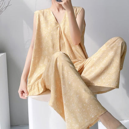 Yellow Floral Leaf Tank & Pants Pajamas - Yellow - XXL - image 0