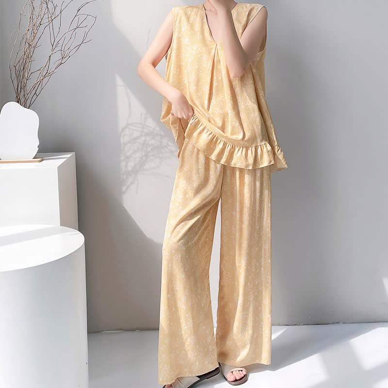 Yellow Floral Leaf Tank & Pants Pajamas - image 2