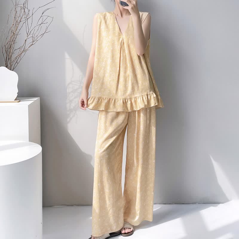 Yellow Floral Leaf Tank & Pants Pajamas - image 1