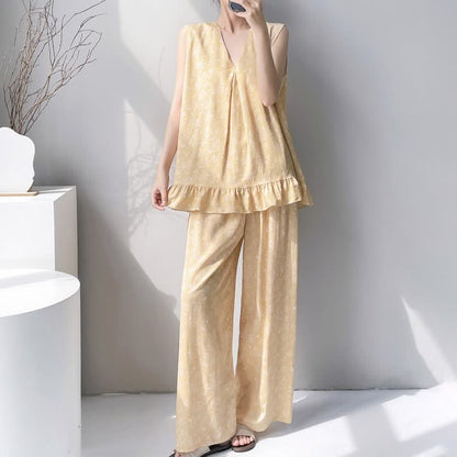 Yellow Floral Leaf Tank & Pants Pajamas - image 1