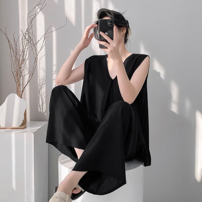 Solid Color Tank & Pants Pajama Set - Black - XXL - image 13