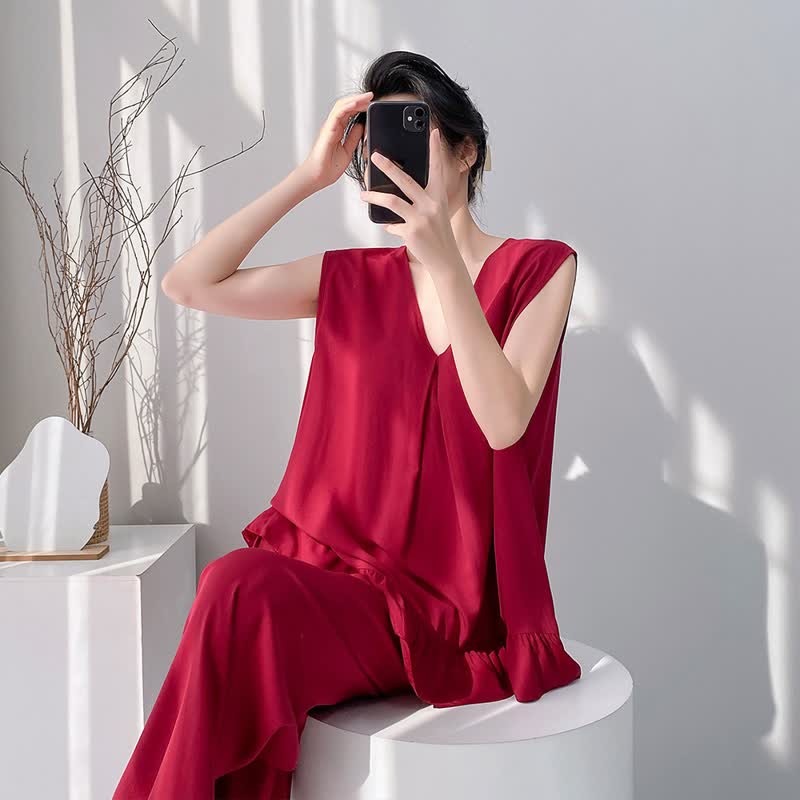 Solid Color Tank & Pants Pajama Set - Red - XXL - image 10
