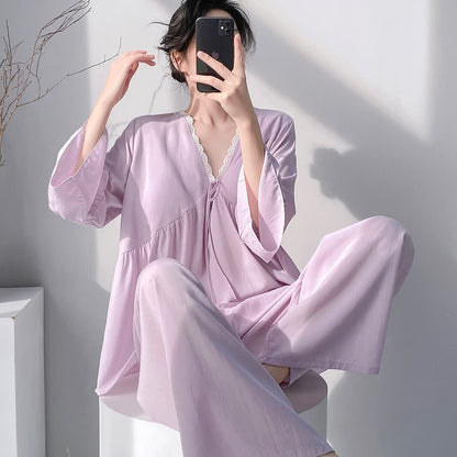 Solid V-Neck Lace Trim Pajama Set - image 1