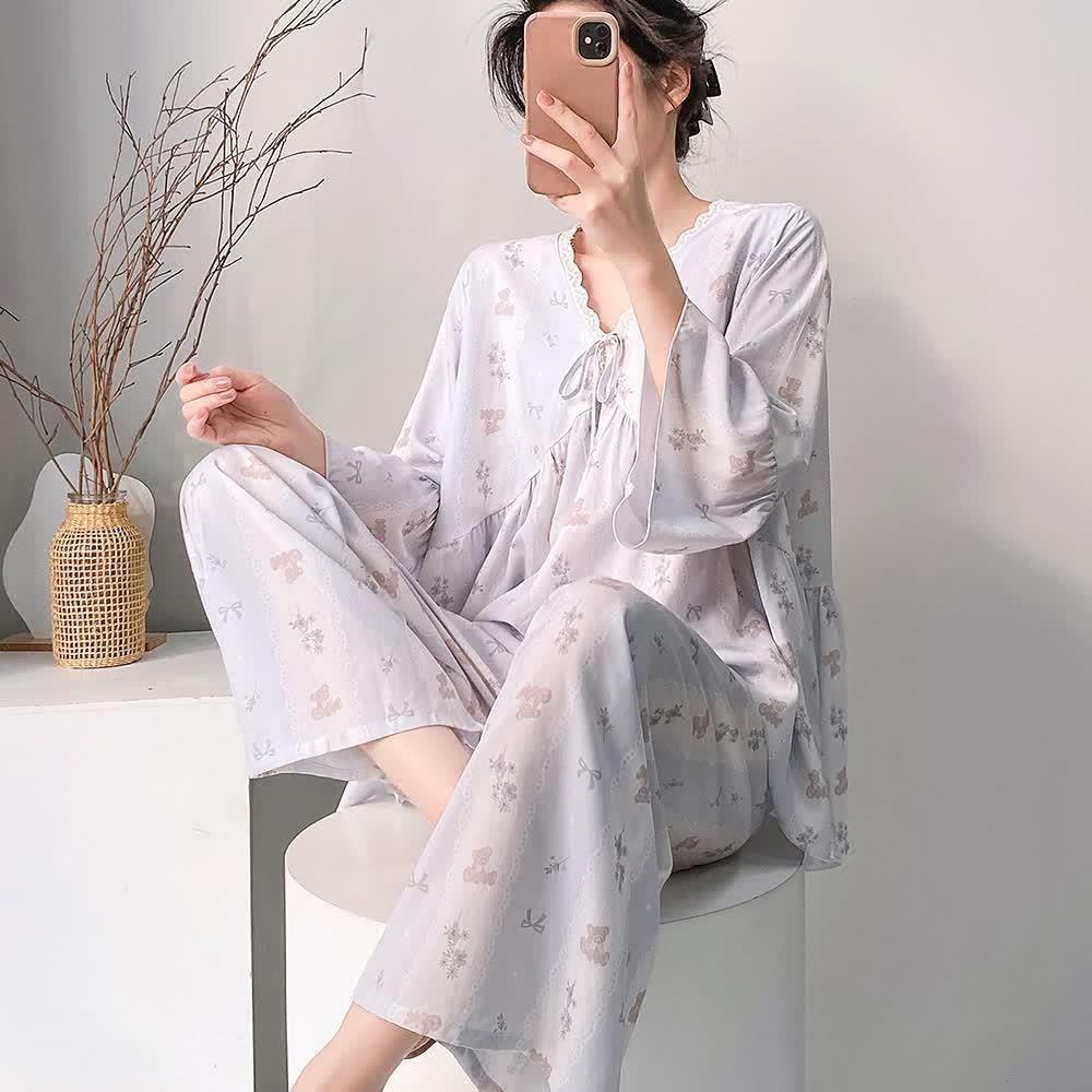 Floral & Bow V-Neck Lace Trim Pajama Set - image 4