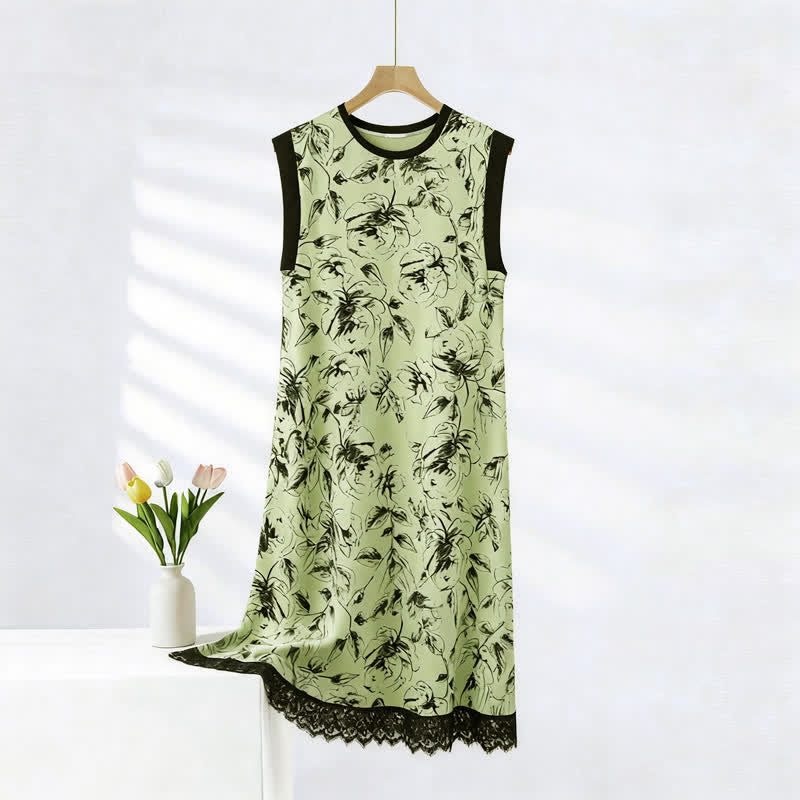 Artistic Floral Cotton Sleeveless Lace Nightgown - Green - 2XL - image 0