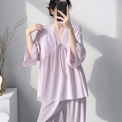 Solid V-Neck Lace Trim Pajama Set - image 3
